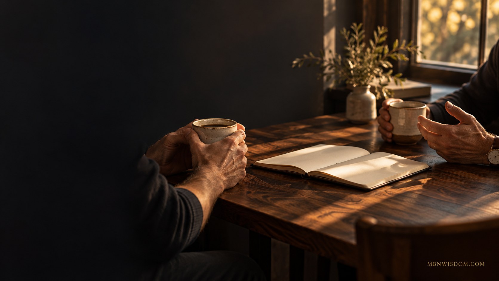 Two people sharing coffee across a quiet table, with an open notebook between them.